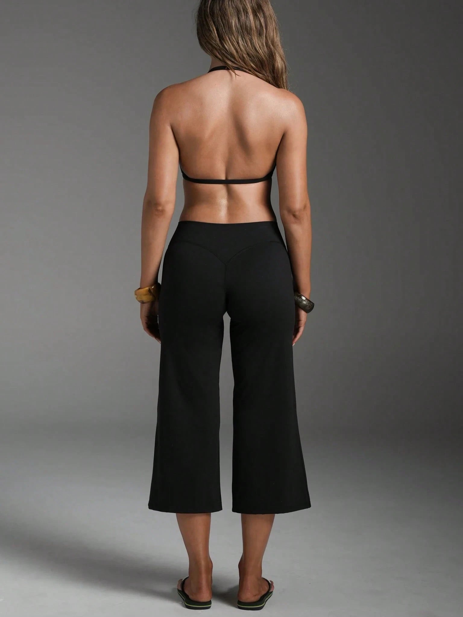 High Waist Wide Leg Capri Pants, Casual Pure Black Loose Capri Pants, Comfortable Slimming And Versatile Sports