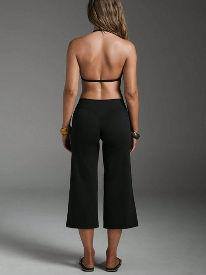 High Waist Wide Leg Capri Pants, Casual Pure Black Loose Capri Pants, Comfortable Slimming And Versatile Sports