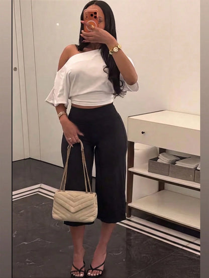 High Waist Wide Leg Capri Pants, Casual Pure Black Loose Capri Pants, Comfortable Slimming And Versatile Sports