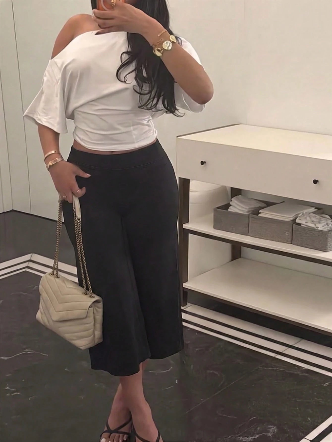 High Waist Wide Leg Capri Pants, Casual Pure Black Loose Capri Pants, Comfortable Slimming And Versatile Sports