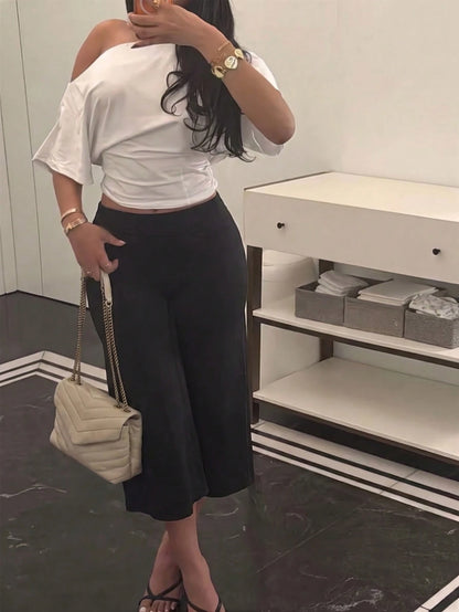 High Waist Wide Leg Capri Pants, Casual Pure Black Loose Capri Pants, Comfortable Slimming And Versatile Sports