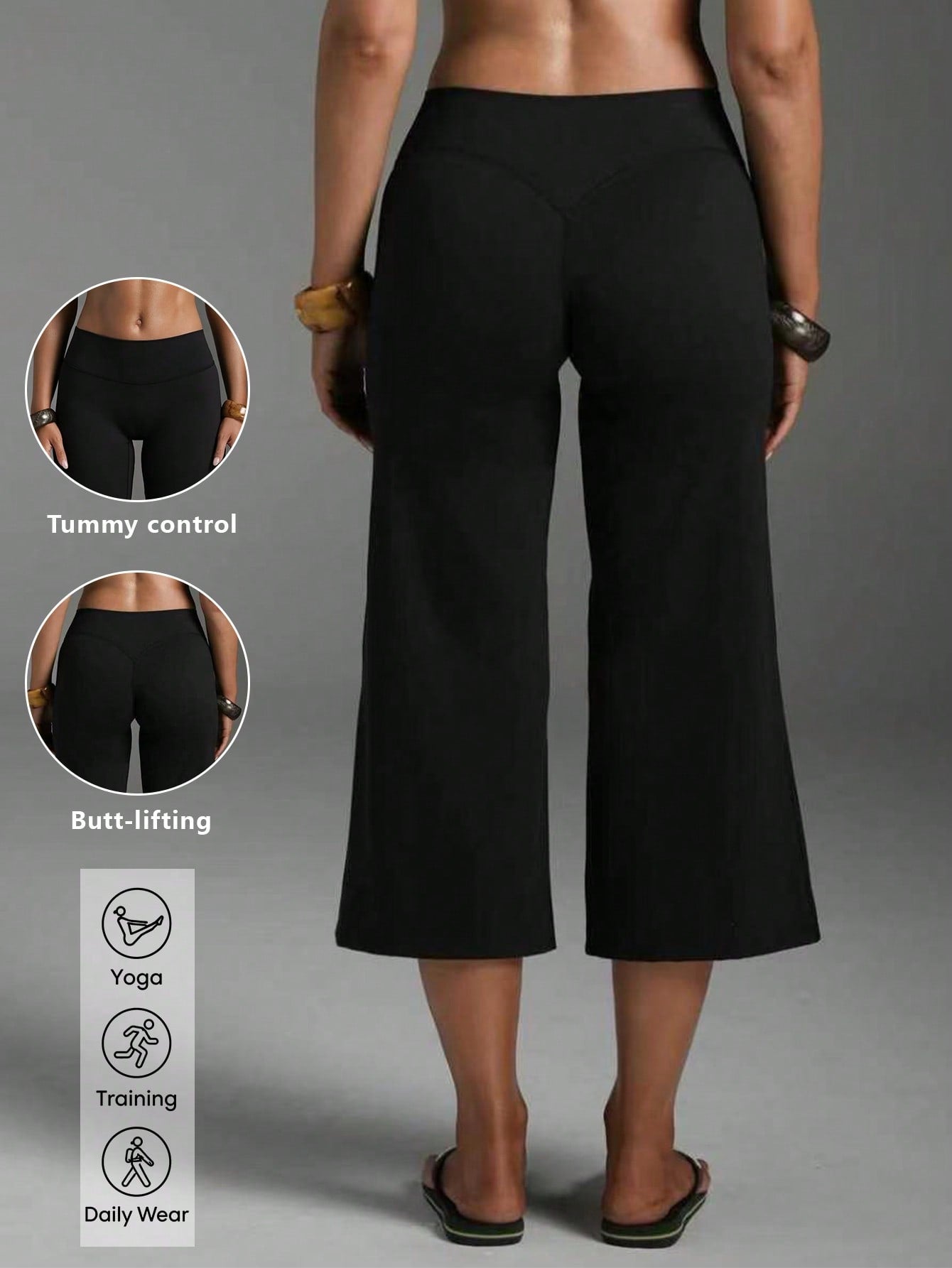 High Waist Wide Leg Capri Pants, Casual Pure Black Loose Capri Pants, Comfortable Slimming And Versatile Sports