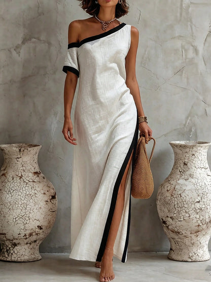 Holidaya Black And White Color Block Asymmetrical Shoulder Dress, Unique Silhouette With Asymmetric Cut, Asymmetrical Shoulder Design Paired With Single-Sided Color Block Short Sleeve To Break T