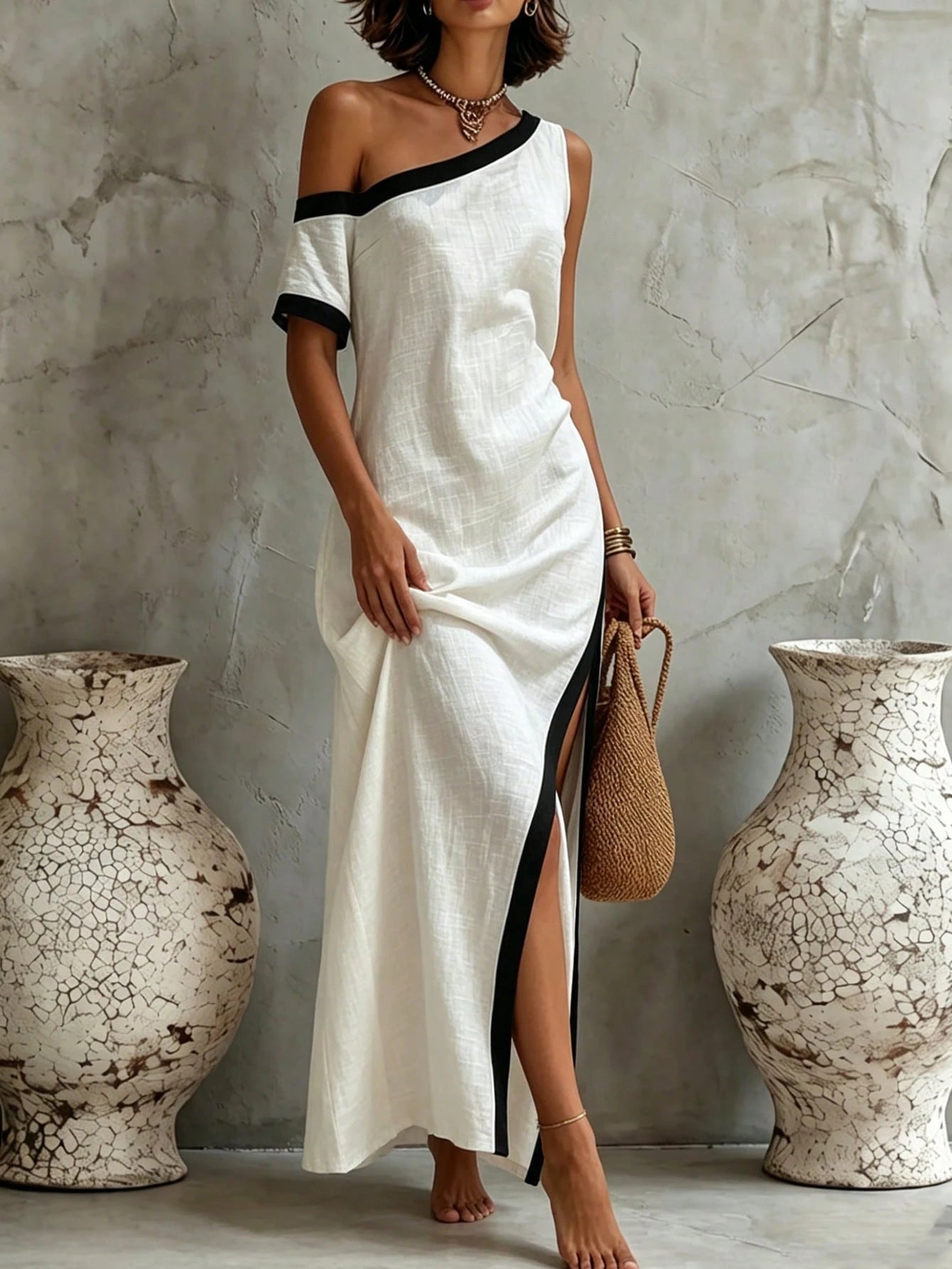 Holidaya Black And White Color Block Asymmetrical Shoulder Dress, Unique Silhouette With Asymmetric Cut, Asymmetrical Shoulder Design Paired With Single-Sided Color Block Short Sleeve To Break T