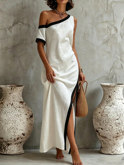 Holidaya Black And White Color Block Asymmetrical Shoulder Dress, Unique Silhouette With Asymmetric Cut, Asymmetrical Shoulder Design Paired With Single-Sided Color Block Short Sleeve To Break T
