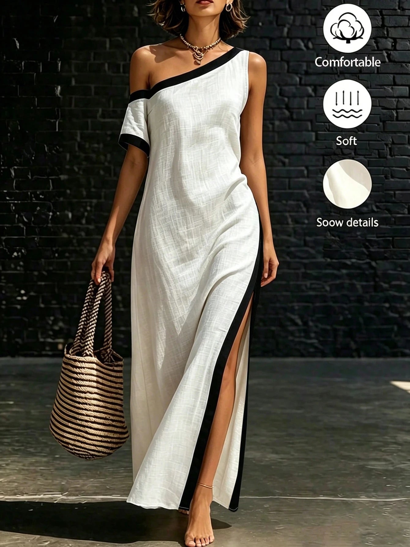 Holidaya Black And White Color Block Asymmetrical Shoulder Dress, Unique Silhouette With Asymmetric Cut, Asymmetrical Shoulder Design Paired With Single-Sided Color Block Short Sleeve To Break T