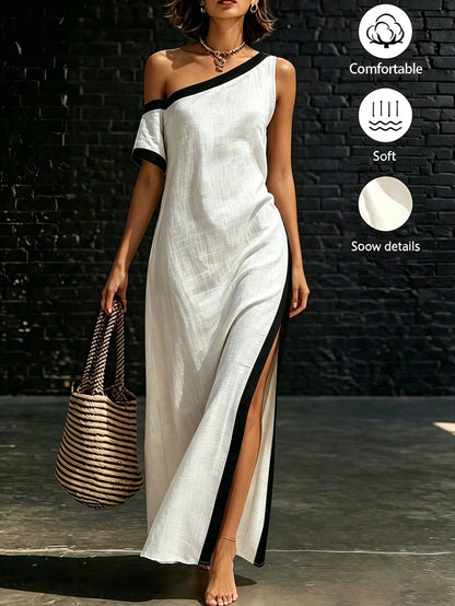 Holidaya Black And White Color Block Asymmetrical Shoulder Dress, Unique Silhouette With Asymmetric Cut, Asymmetrical Shoulder Design Paired With Single-Sided Color Block Short Sleeve To Break T
