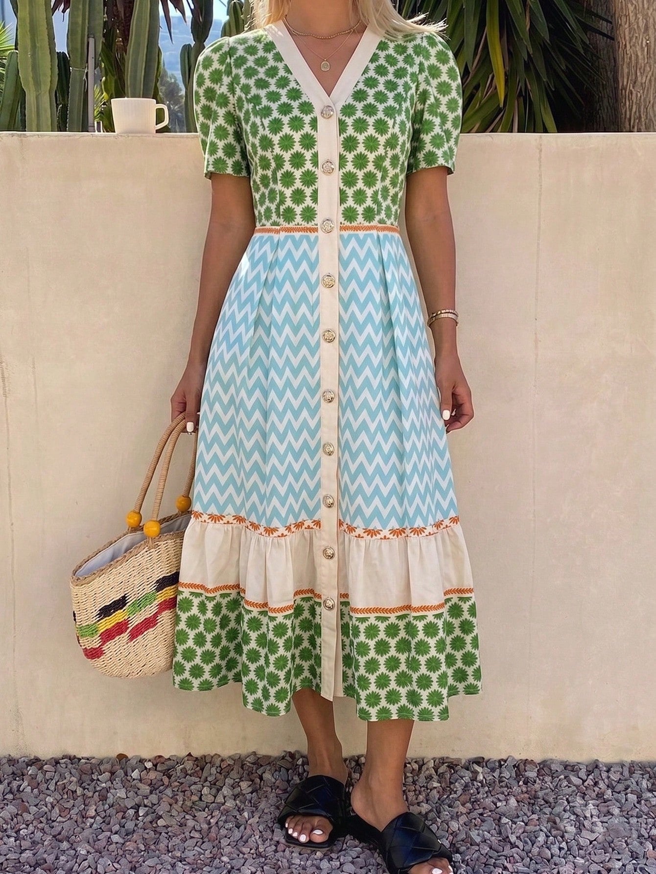 Holidaya Women's Vintage Geometric Print V-Neck Button-Down Short Sleeve Casual Dress, Everyday Outing Vintage Style, Casual Party Dress