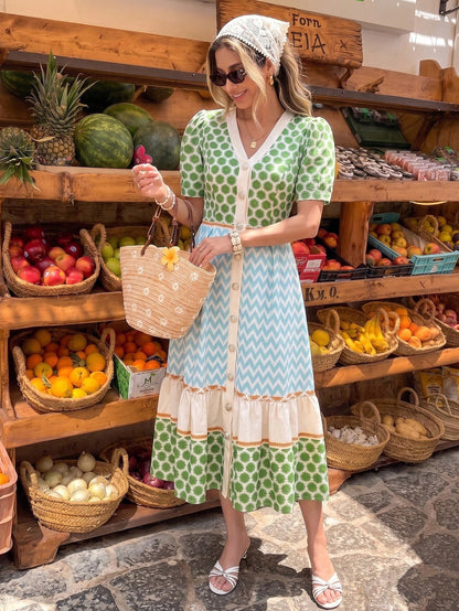 Holidaya Women's Vintage Geometric Print V-Neck Button-Down Short Sleeve Casual Dress, Everyday Outing Vintage Style, Casual Party Dress
