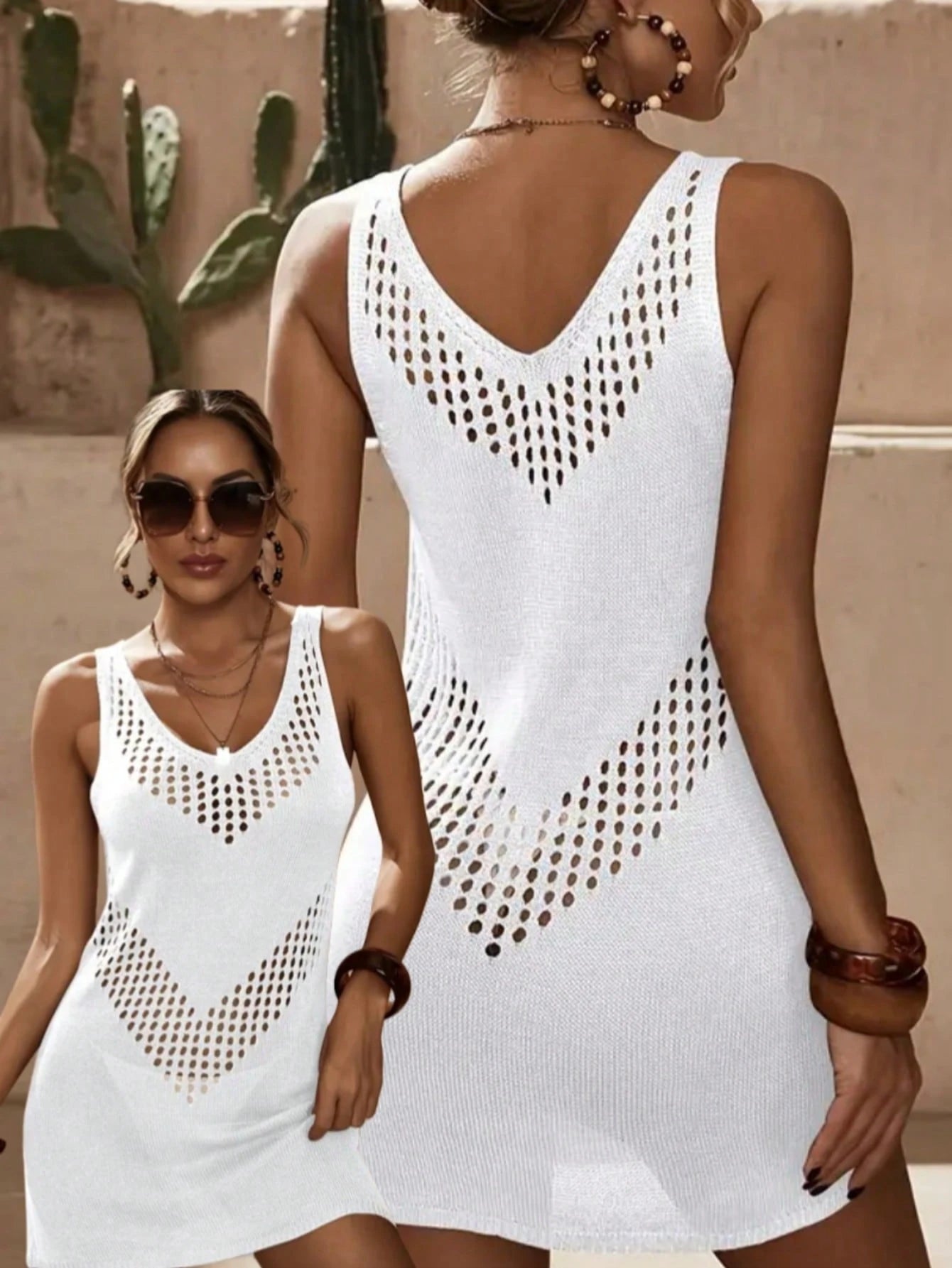 Hollow Geometric Pattern Knitted Plus Size Cover Up, Vacation Spring Summer Knit Plus Size Dress/Women's Vacation Clothing/Women's Summer Clothing/Plus Size Women's Vacation/Women's Beach Wear/Plus Si