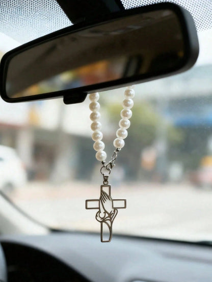 Hollow Prayer Gesture Cross Pendant, Car Interior Decor Charm, Elegant Cross Pendant