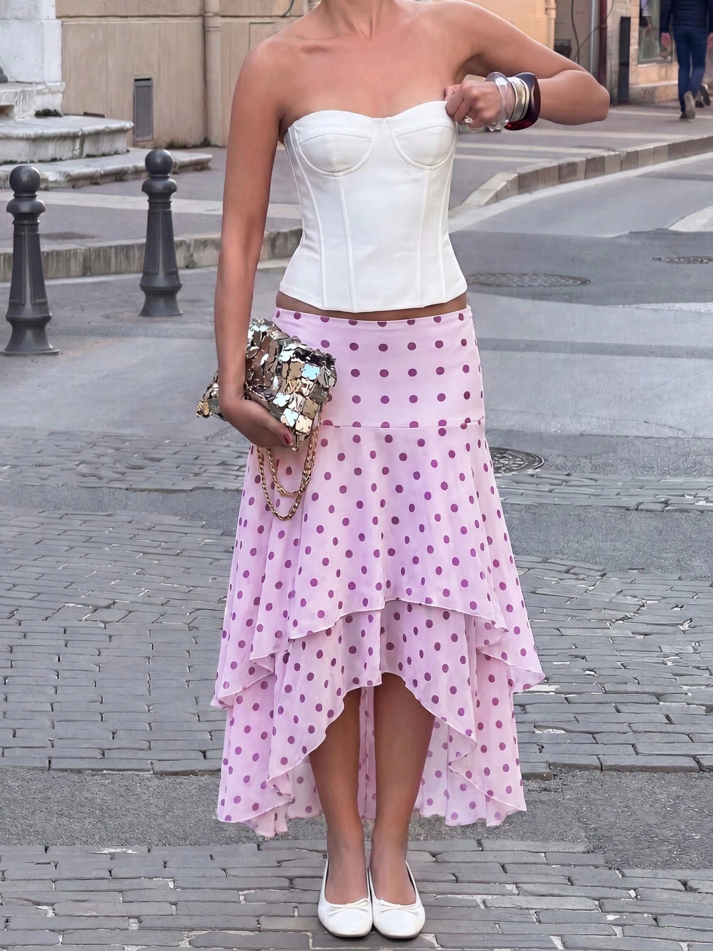 HoloChill Women's Casual Bohemian Woven Fabric Asymmetric Skirt, Decorated With Pleated Polka Dot Print, Casual Summer Style 2026 New Arrival, Party Wear, Beach Vacation Wear, Outing Wear, Casual Styl