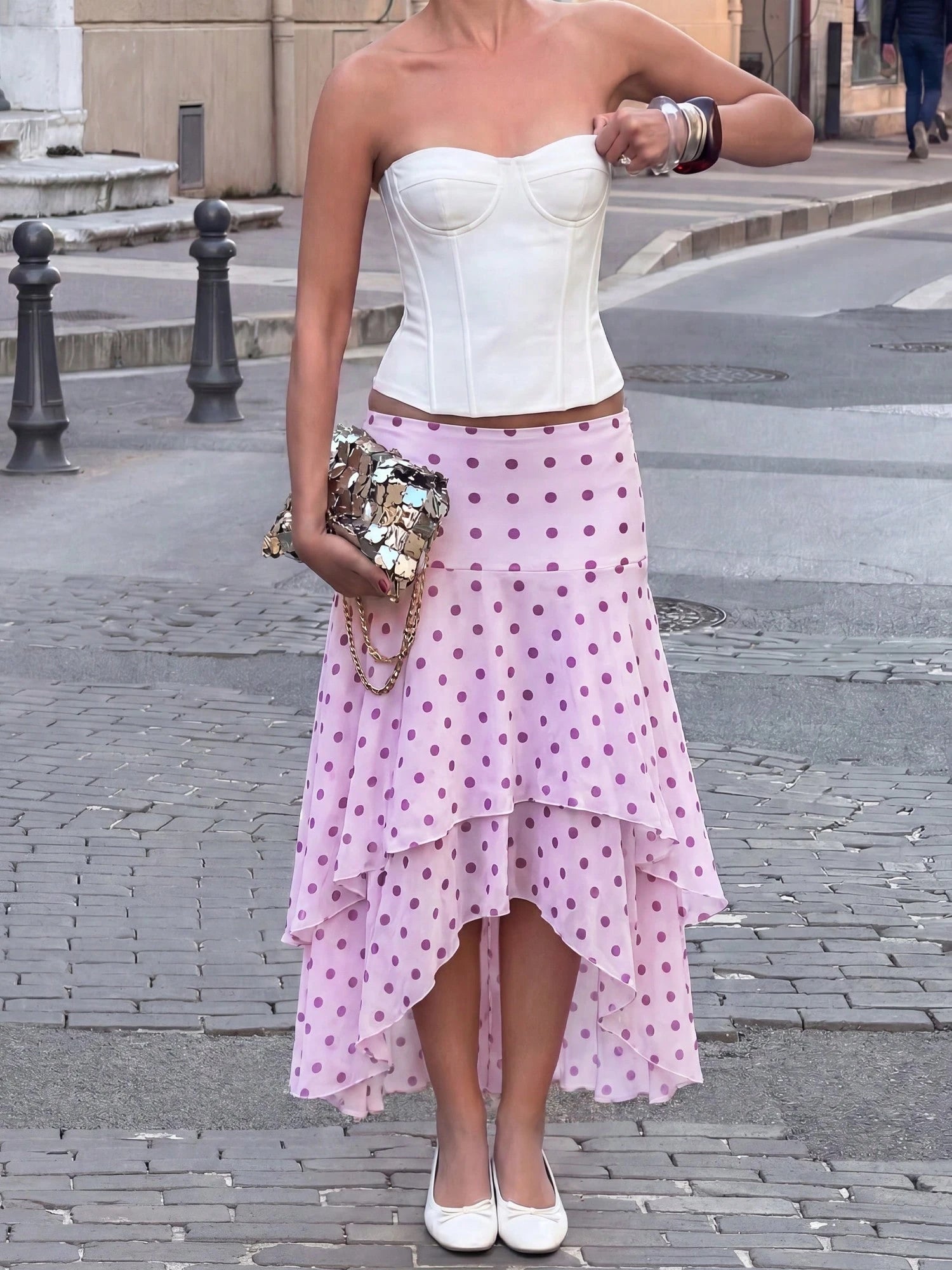 HoloChill Women's Casual Bohemian Woven Fabric Asymmetric Skirt, Decorated With Pleated Polka Dot Print, Casual Summer Style 2026 New Arrival, Party Wear, Beach Vacation Wear, Outing Wear, Casual Styl