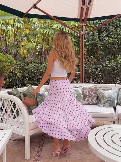 HoloChill Women's Casual Bohemian Woven Fabric Asymmetric Skirt, Decorated With Pleated Polka Dot Print, Casual Summer Style 2026 New Arrival, Party Wear, Beach Vacation Wear, Outing Wear, Casual Styl