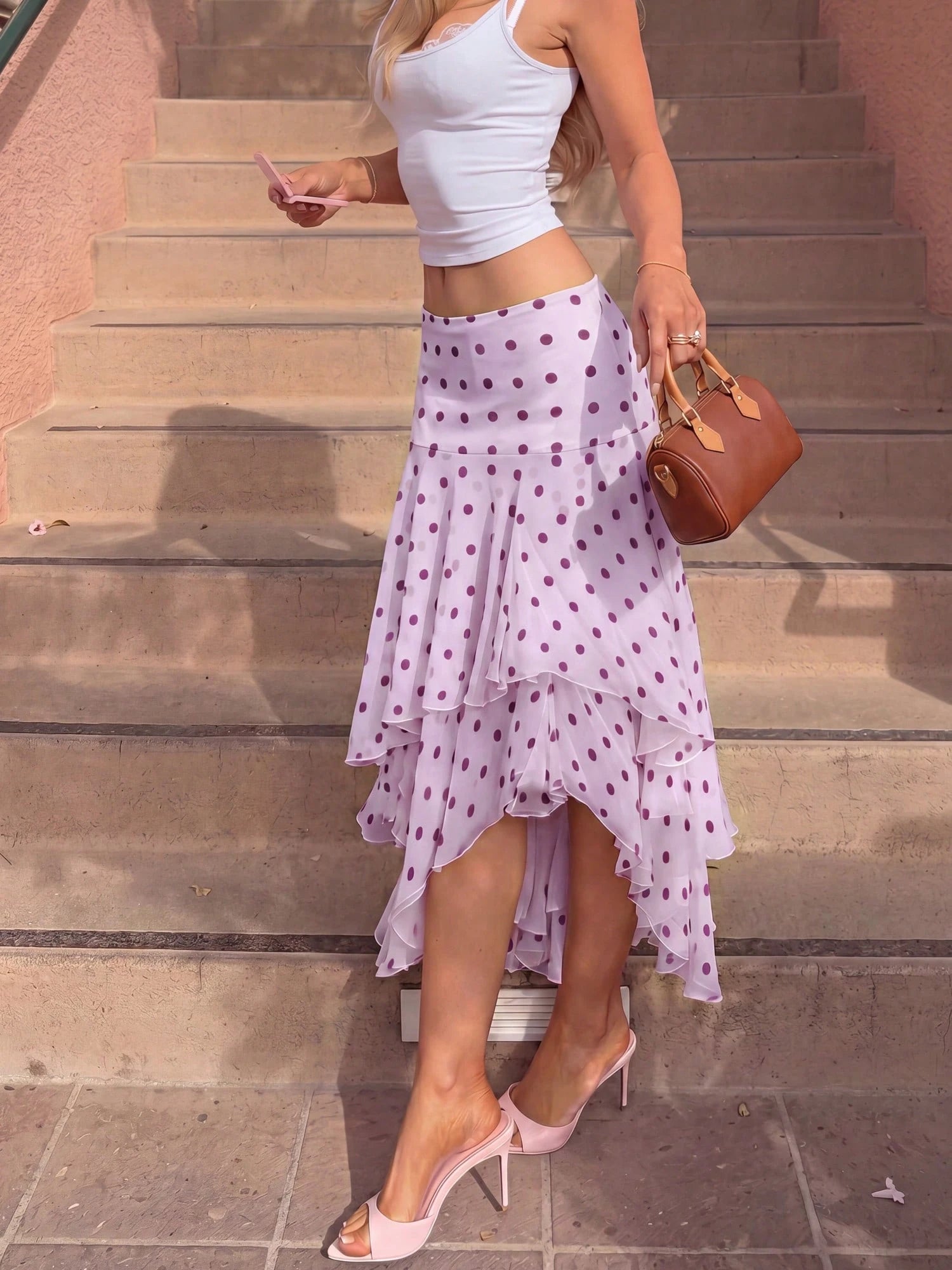 HoloChill Women's Casual Bohemian Woven Fabric Asymmetric Skirt, Decorated With Pleated Polka Dot Print, Casual Summer Style 2026 New Arrival, Party Wear, Beach Vacation Wear, Outing Wear, Casual Styl
