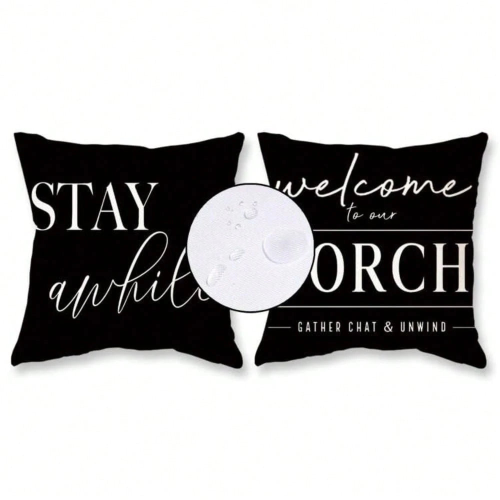 HOMPOOLL 2Pcs Outdoor Pillow Covers Waterproof,12x20Inch, Black And White Decorative Welcome To Our Porch Stay Awhile Cushion Cases For Patio Furniture Sofa Couch Decor