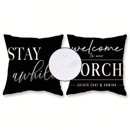 HOMPOOLL 2Pcs Outdoor Pillow Covers Waterproof,12x20Inch, Black And White Decorative Welcome To Our Porch Stay Awhile Cushion Cases For Patio Furniture Sofa Couch Decor