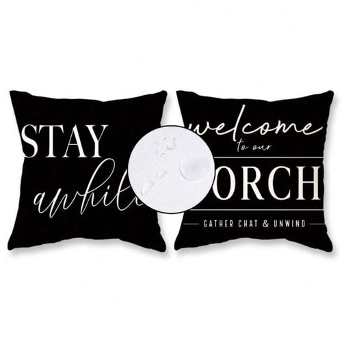 HOMPOOLL 2Pcs Outdoor Pillow Covers Waterproof,12x20Inch, Black And White Decorative Welcome To Our Porch Stay Awhile Cushion Cases For Patio Furniture Sofa Couch Decor