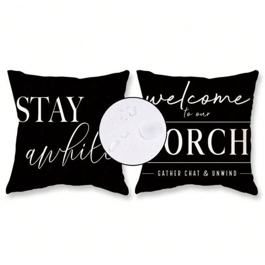HOMPOOLL 2Pcs Outdoor Pillow Covers Waterproof,12x20Inch, Black And White Decorative Welcome To Our Porch Stay Awhile Cushion Cases For Patio Furniture Sofa Couch Decor