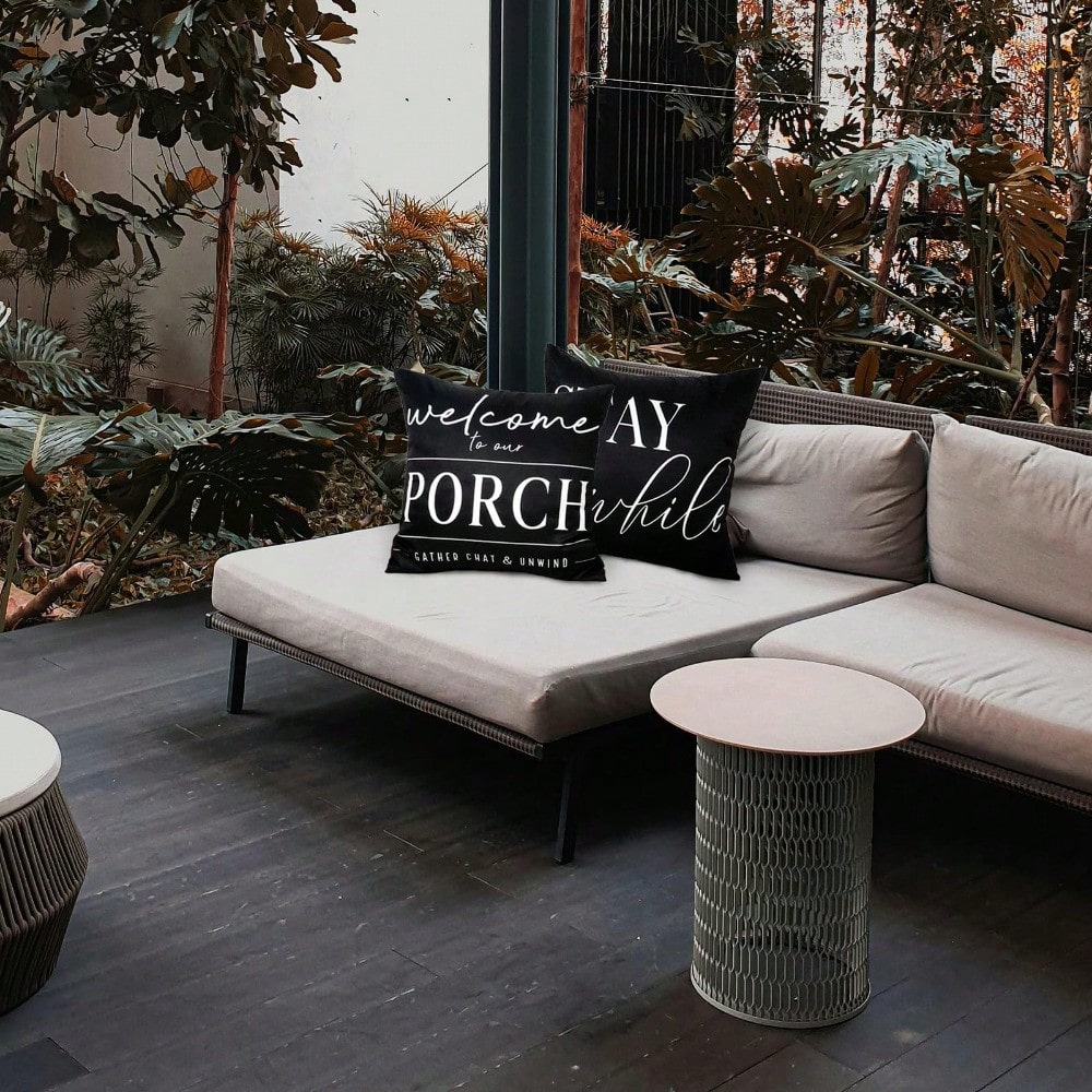 HOMPOOLL 2Pcs Outdoor Pillow Covers Waterproof,12x20Inch, Black And White Decorative Welcome To Our Porch Stay Awhile Cushion Cases For Patio Furniture Sofa Couch Decor