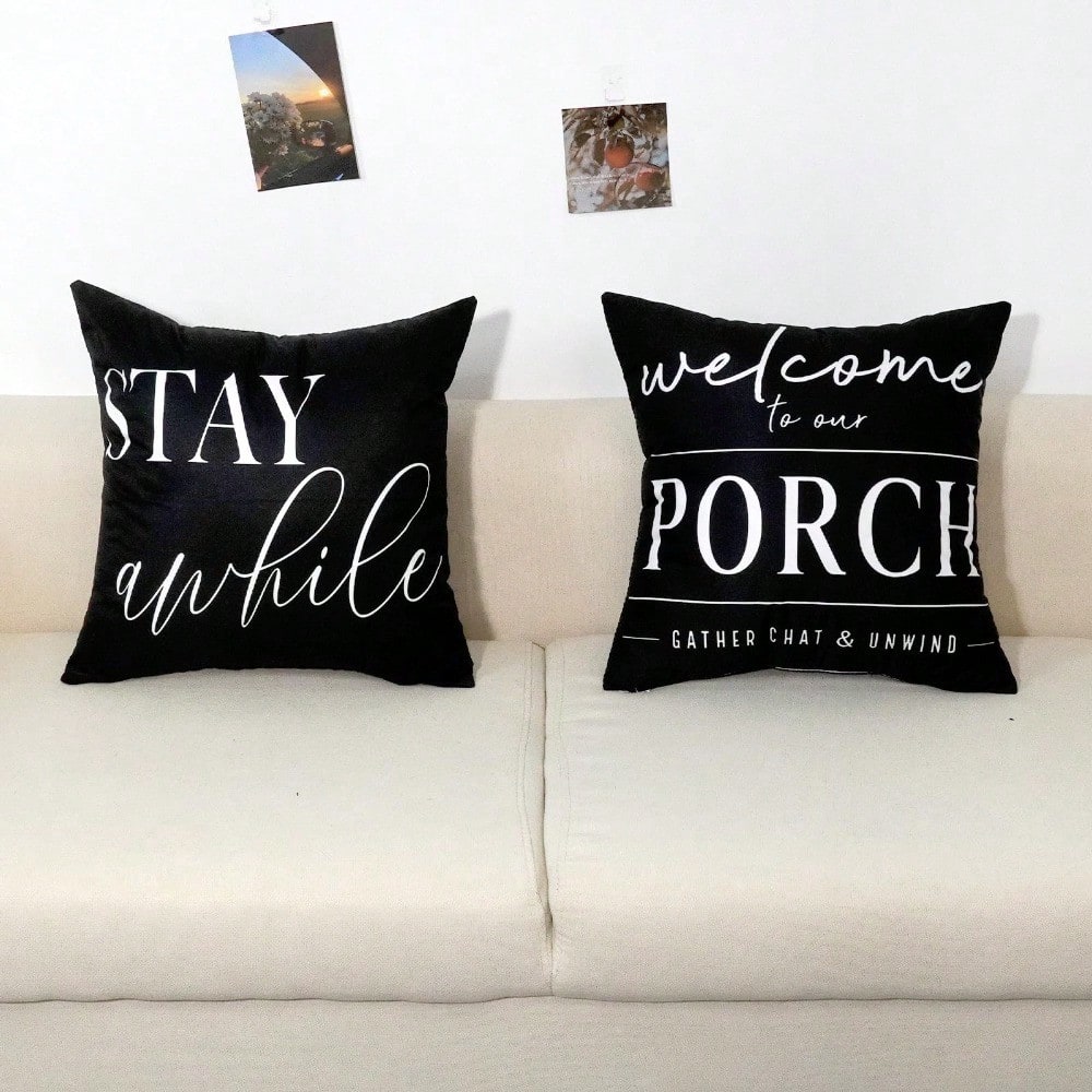HOMPOOLL 2Pcs Outdoor Pillow Covers Waterproof,12x20Inch, Black And White Decorative Welcome To Our Porch Stay Awhile Cushion Cases For Patio Furniture Sofa Couch Decor
