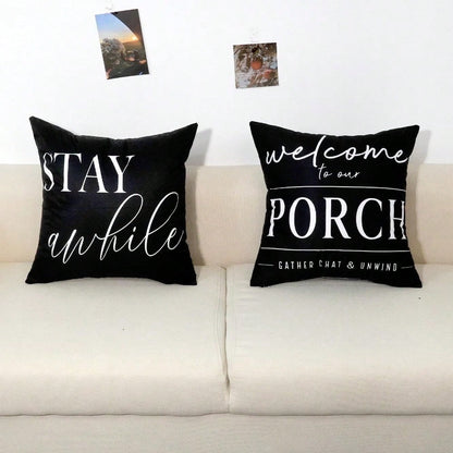 HOMPOOLL 2Pcs Outdoor Pillow Covers Waterproof,12x20Inch, Black And White Decorative Welcome To Our Porch Stay Awhile Cushion Cases For Patio Furniture Sofa Couch Decor
