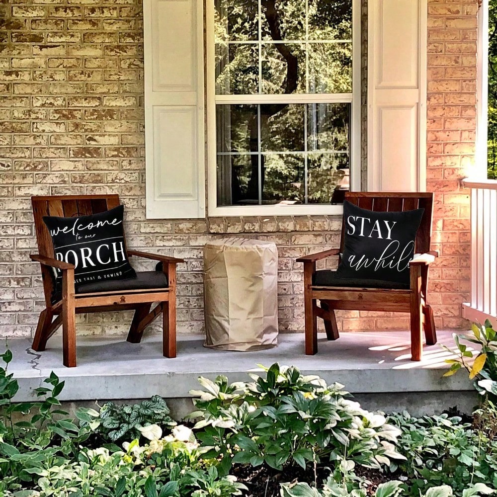 HOMPOOLL 2Pcs Outdoor Pillow Covers Waterproof,12x20Inch, Black And White Decorative Welcome To Our Porch Stay Awhile Cushion Cases For Patio Furniture Sofa Couch Decor