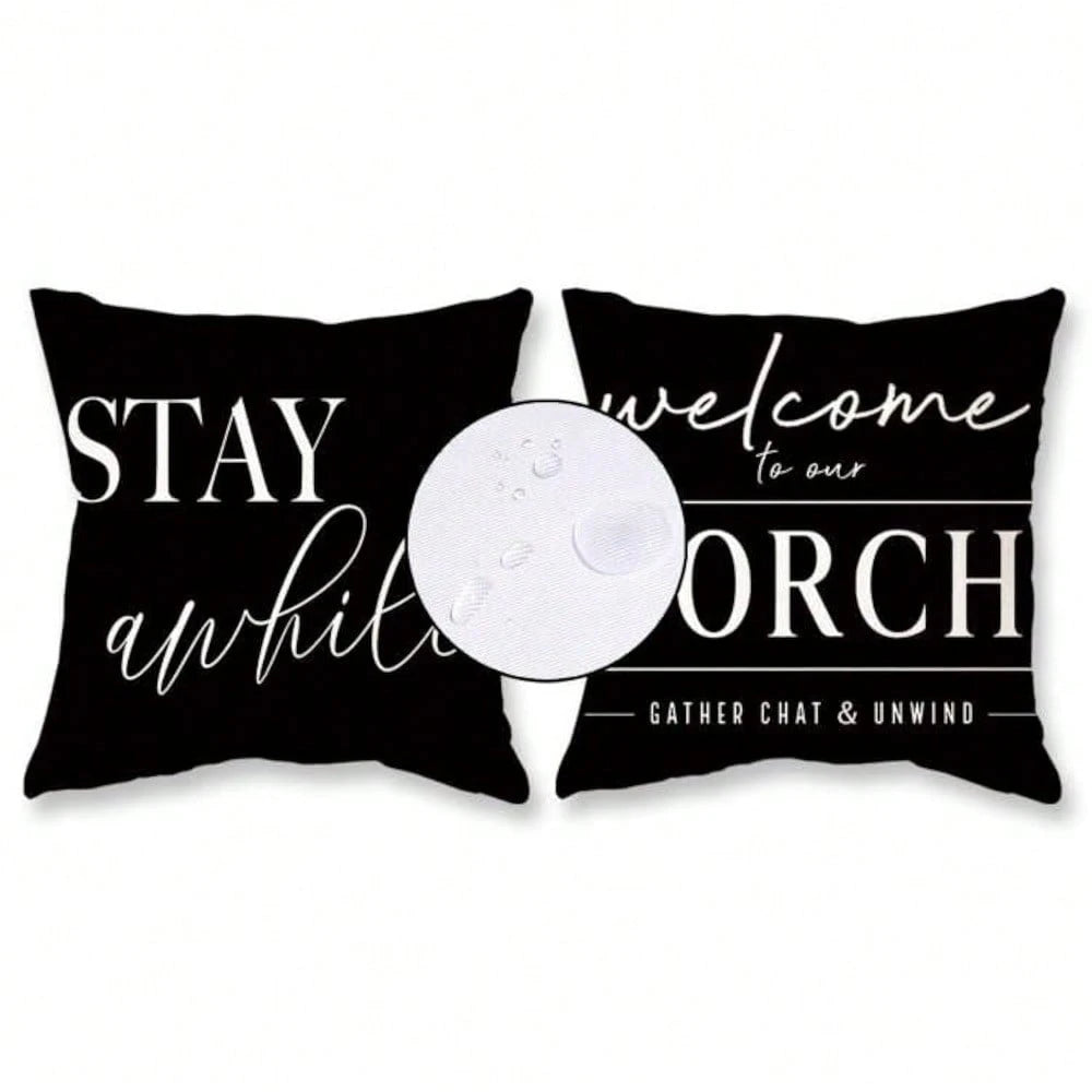 HOMPOOLL 2Pcs Outdoor Pillow Covers Waterproof,12x20Inch, Black And White Decorative Welcome To Our Porch Stay Awhile Cushion Cases For Patio Furniture Sofa Couch Decor