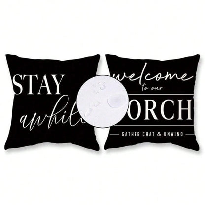 HOMPOOLL 2Pcs Outdoor Pillow Covers Waterproof,12x20Inch, Black And White Decorative Welcome To Our Porch Stay Awhile Cushion Cases For Patio Furniture Sofa Couch Decor