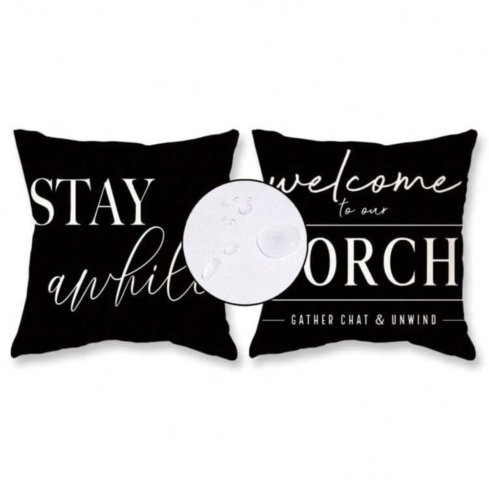 HOMPOOLL 2Pcs Outdoor Pillow Covers Waterproof,12x20Inch, Black And White Decorative Welcome To Our Porch Stay Awhile Cushion Cases For Patio Furniture Sofa Couch Decor