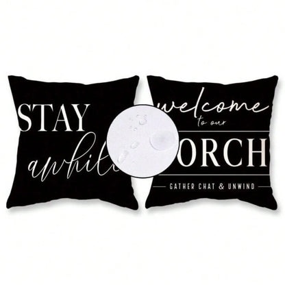 HOMPOOLL 2Pcs Outdoor Pillow Covers Waterproof,12x20Inch, Black And White Decorative Welcome To Our Porch Stay Awhile Cushion Cases For Patio Furniture Sofa Couch Decor