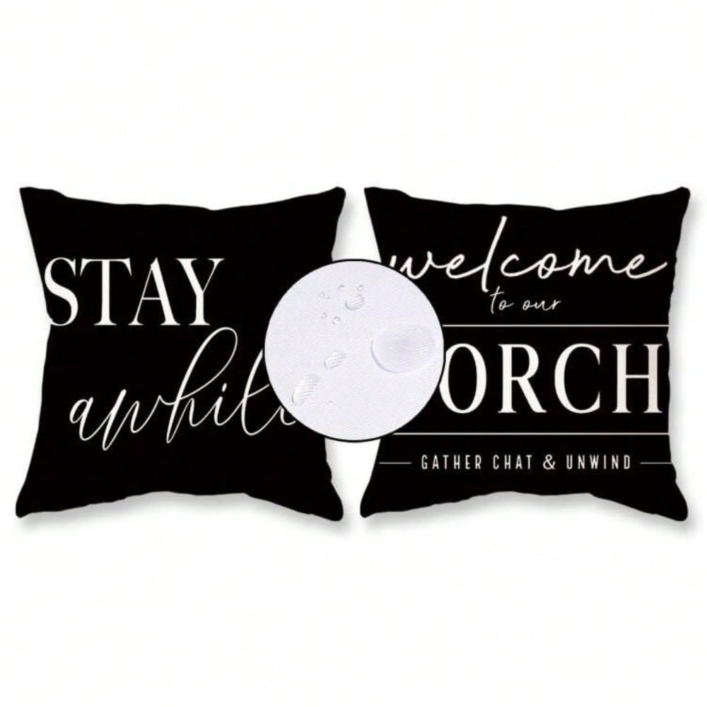 HOMPOOLL 2Pcs Outdoor Pillow Covers Waterproof,12x20Inch, Black And White Decorative Welcome To Our Porch Stay Awhile Cushion Cases For Patio Furniture Sofa Couch Decor