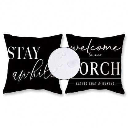 HOMPOOLL 2Pcs Outdoor Pillow Covers Waterproof,12x20Inch, Black And White Decorative Welcome To Our Porch Stay Awhile Cushion Cases For Patio Furniture Sofa Couch Decor