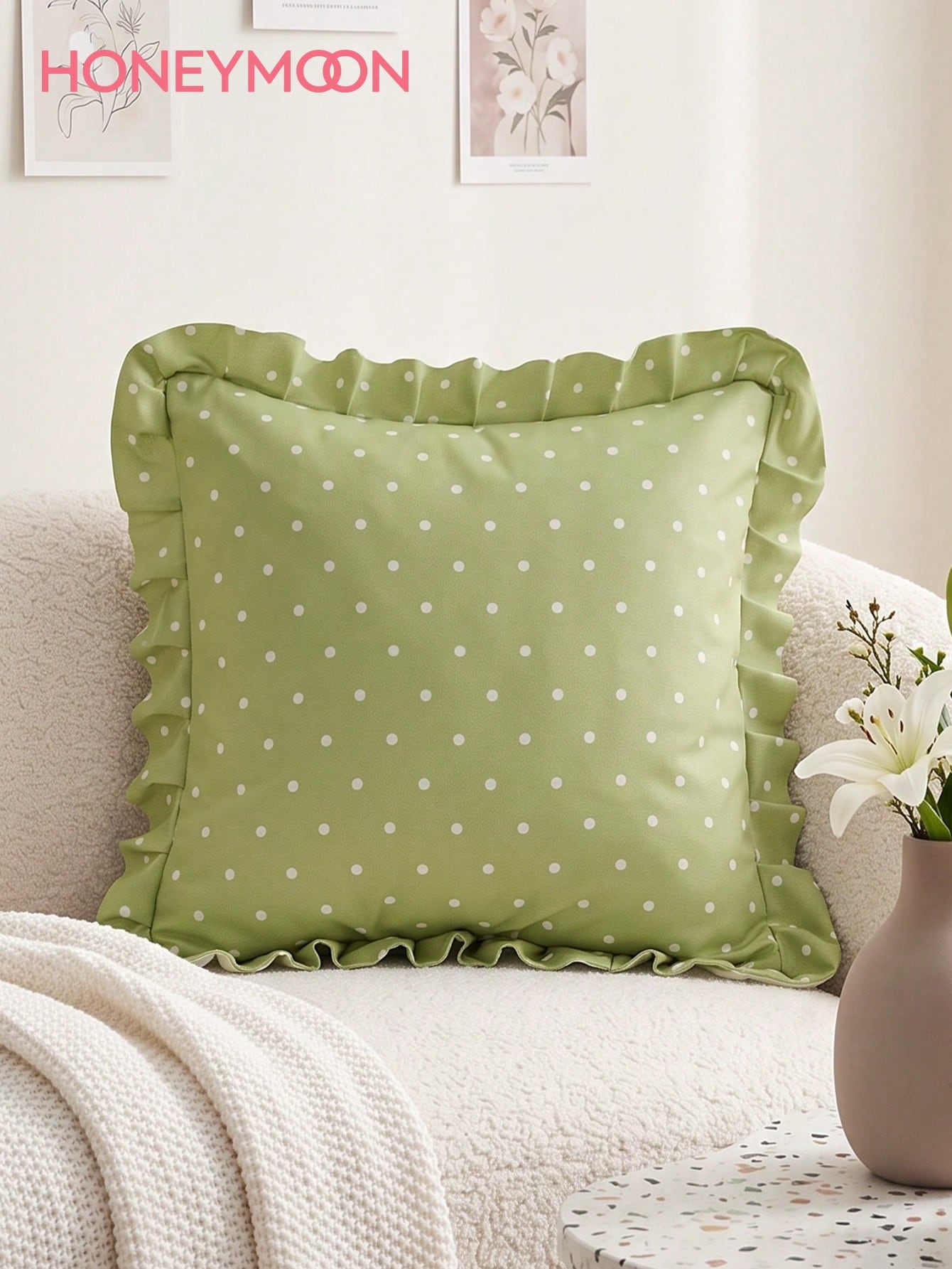 HONEYMOON 1pc Green Polka Dot Print Ruffle Pillowcase/Cushion Cover, 100% Polyester Fabric, Soft And Breathable, No Pillow Insert, Suitable For Casual Home Decor, Indoor Sofa, Bedroom, Dorm, Bedding.