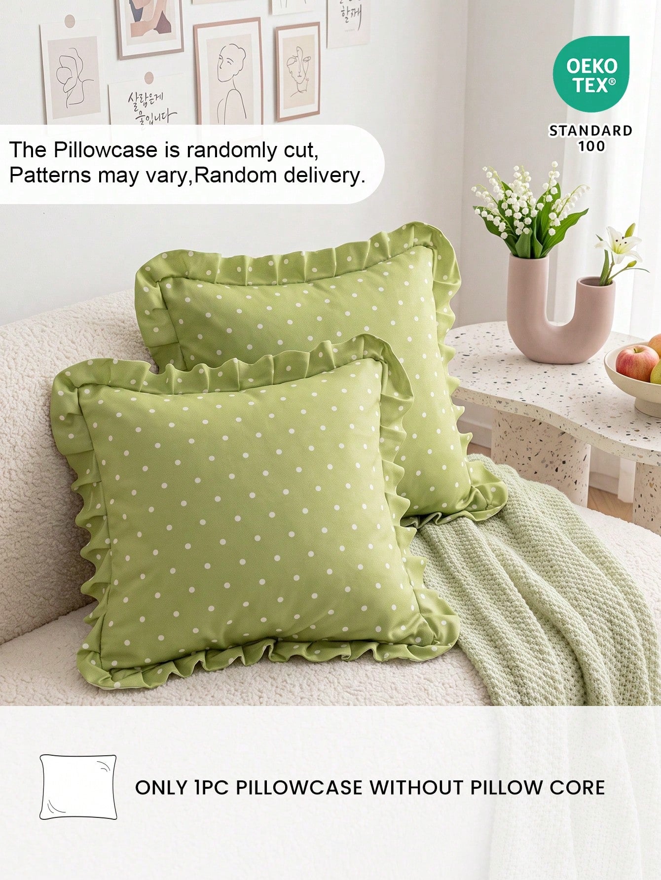 HONEYMOON 1pc Green Polka Dot Print Ruffle Pillowcase/Cushion Cover, 100% Polyester Fabric, Soft And Breathable, No Pillow Insert, Suitable For Casual Home Decor, Indoor Sofa, Bedroom, Dorm, Bedding.