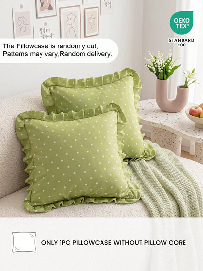 HONEYMOON 1pc Green Polka Dot Print Ruffle Pillowcase/Cushion Cover, 100% Polyester Fabric, Soft And Breathable, No Pillow Insert, Suitable For Casual Home Decor, Indoor Sofa, Bedroom, Dorm, Bedding.