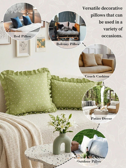HONEYMOON 1pc Green Polka Dot Print Ruffle Pillowcase/Cushion Cover, 100% Polyester Fabric, Soft And Breathable, No Pillow Insert, Suitable For Casual Home Decor, Indoor Sofa, Bedroom, Dorm, Bedding.