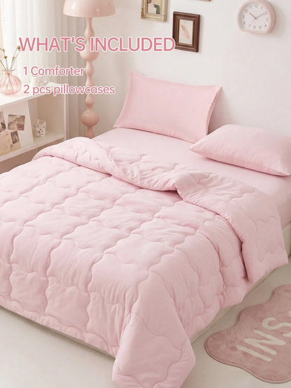 HONEYMOON 2/3 Piece Wavy Quilted Comforter Set (Summer Thin Quilt) (2-Piece Set = 1 Comforter + 1 Pillowcase; 3-Piece Set = 1 Comforter + 2 Pillowcases)- 100% Polyester Fabric With Grid Stitching, Li
