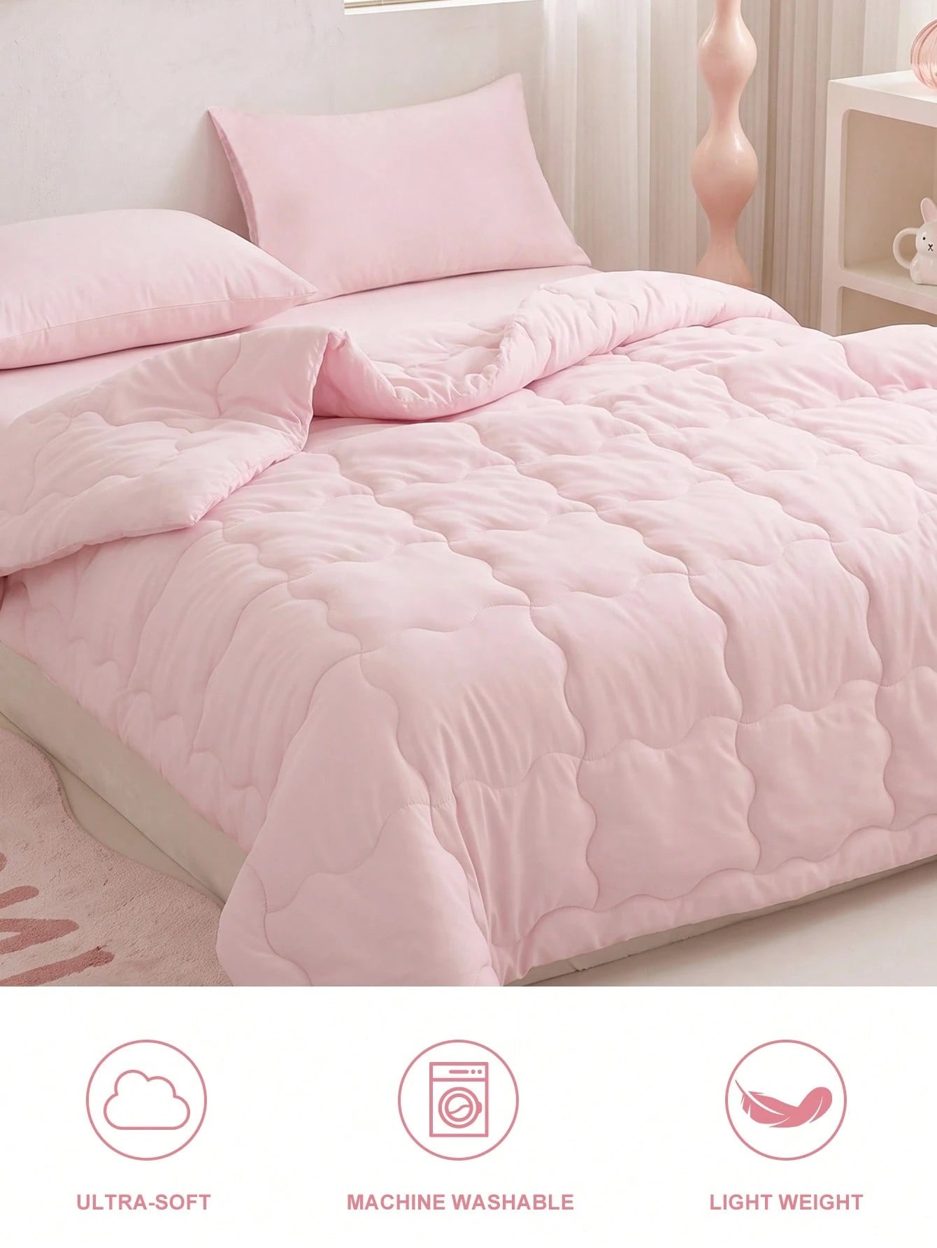 HONEYMOON 2/3 Piece Wavy Quilted Comforter Set (Summer Thin Quilt) (2-Piece Set = 1 Comforter + 1 Pillowcase; 3-Piece Set = 1 Comforter + 2 Pillowcases)- 100% Polyester Fabric With Grid Stitching, Li