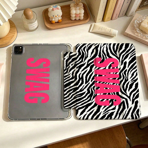 Hot Pink Zebra Stripe Swag Lettering Tablet Protective Case, Modern Style, Compatible With For Pro 13 2024/Pro 12.9 2022/ Pro 11 2022/ Air1/2/3/4/5/6th/ Mini6 2021, Unique Gift For Birthday And Dail