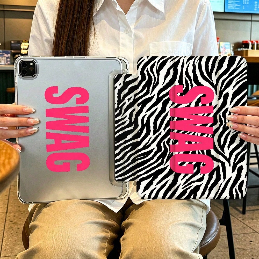 Hot Pink Zebra Stripe Swag Lettering Tablet Protective Case, Modern Style, Compatible With For Pro 13 2024/Pro 12.9 2022/ Pro 11 2022/ Air1/2/3/4/5/6th/ Mini6 2021, Unique Gift For Birthday And Dail