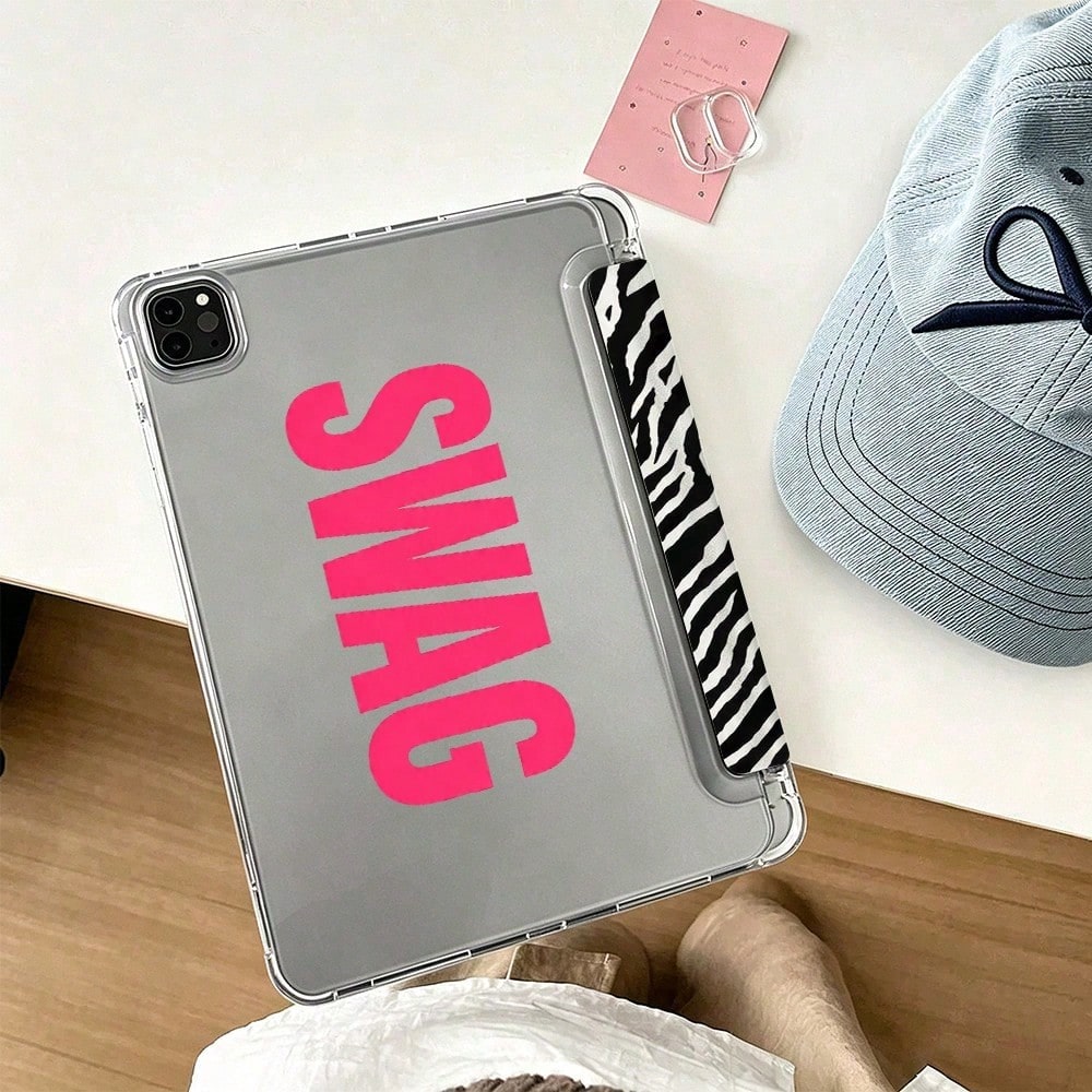 Hot Pink Zebra Stripe Swag Lettering Tablet Protective Case, Modern Style, Compatible With For Pro 13 2024/Pro 12.9 2022/ Pro 11 2022/ Air1/2/3/4/5/6th/ Mini6 2021, Unique Gift For Birthday And Dail