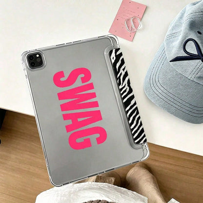 Hot Pink Zebra Stripe Swag Lettering Tablet Protective Case, Modern Style, Compatible With For Pro 13 2024/Pro 12.9 2022/ Pro 11 2022/ Air1/2/3/4/5/6th/ Mini6 2021, Unique Gift For Birthday And Dail