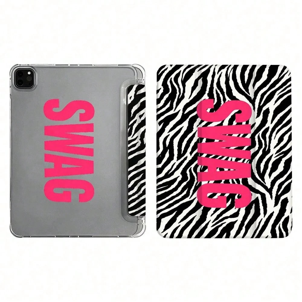 Hot Pink Zebra Stripe Swag Lettering Tablet Protective Case, Modern Style, Compatible With For Pro 13 2024/Pro 12.9 2022/ Pro 11 2022/ Air1/2/3/4/5/6th/ Mini6 2021, Unique Gift For Birthday And Dail