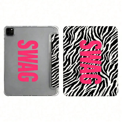 Hot Pink Zebra Stripe Swag Lettering Tablet Protective Case, Modern Style, Compatible With For Pro 13 2024/Pro 12.9 2022/ Pro 11 2022/ Air1/2/3/4/5/6th/ Mini6 2021, Unique Gift For Birthday And Dail