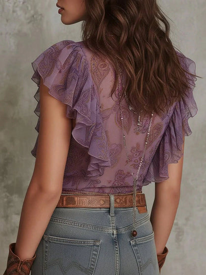Hotletica Women's Elegant Chiffon Printed Ruffle Top