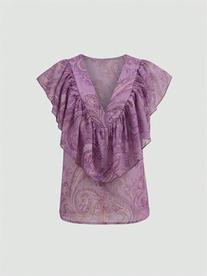 Hotletica Women's Elegant Chiffon Printed Ruffle Top