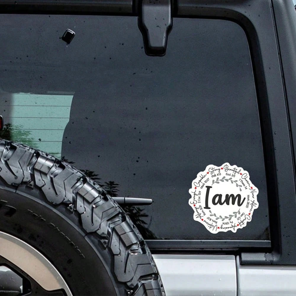 I Am Bible Verse Wreath Decor Sticker, Inspirational Positive Affirmation Laurel Wreath Heart Graphic Self-Adhesive Decal, Ornament For Laptop Phone Car Window Motorcycle Religious Faith Gift