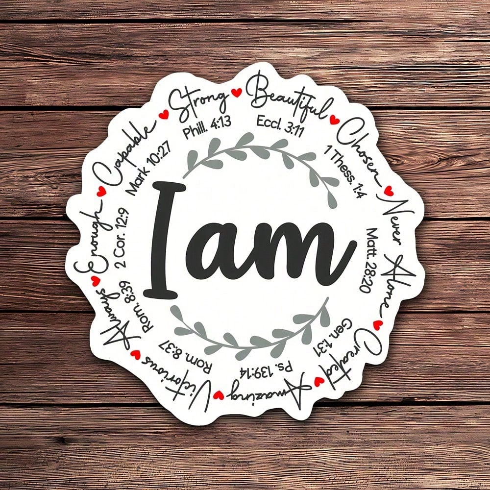I Am Bible Verse Wreath Decor Sticker, Inspirational Positive Affirmation Laurel Wreath Heart Graphic Self-Adhesive Decal, Ornament For Laptop Phone Car Window Motorcycle Religious Faith Gift