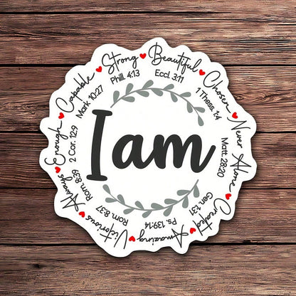 I Am Bible Verse Wreath Decor Sticker, Inspirational Positive Affirmation Laurel Wreath Heart Graphic Self-Adhesive Decal, Ornament For Laptop Phone Car Window Motorcycle Religious Faith Gift